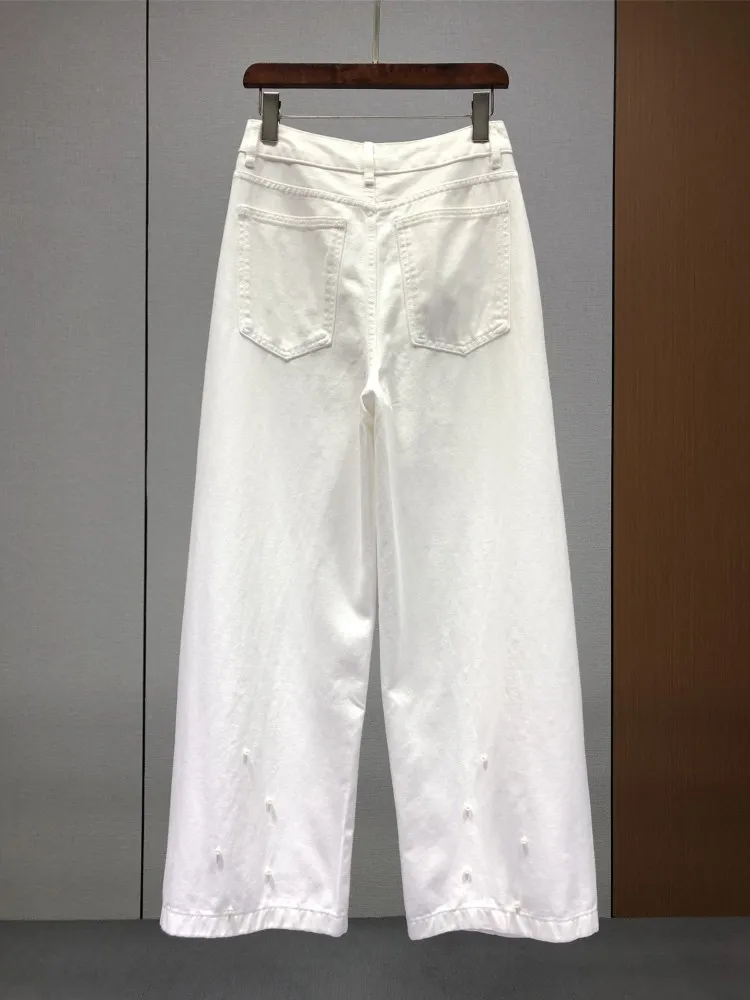 Spring Summer Female Fashion Beading Jeans Loose Straight Wide Leg Denim Pants New Full Length Solid Color Casual Long Trousers