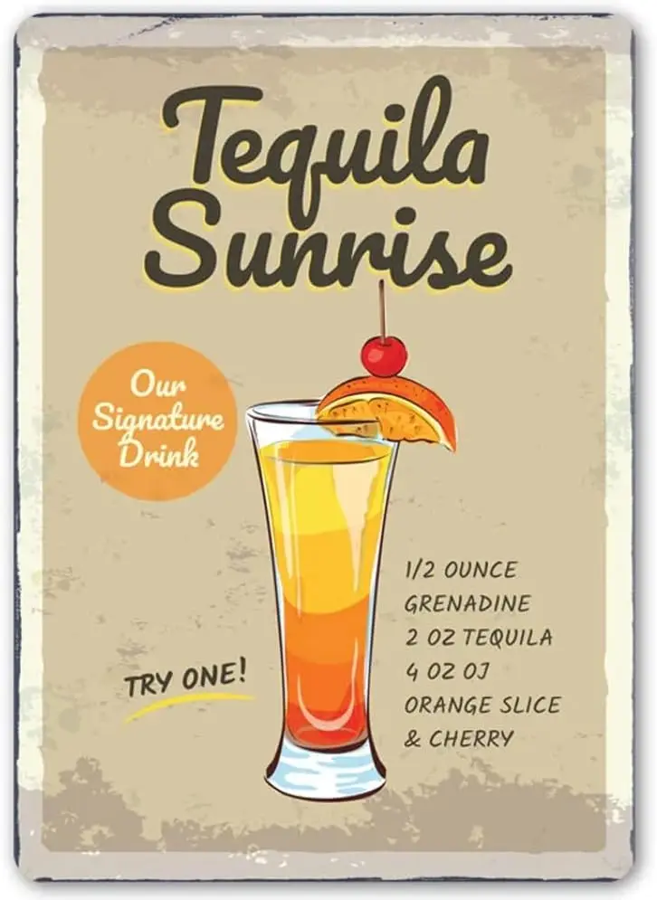 UOAIUDT Letrero Metálico Retro Tequila Sunrise, Placa Metálica Vintage, Decoración de Pared, Regalo para Baño, Restaurante, Granja, Dormitorio