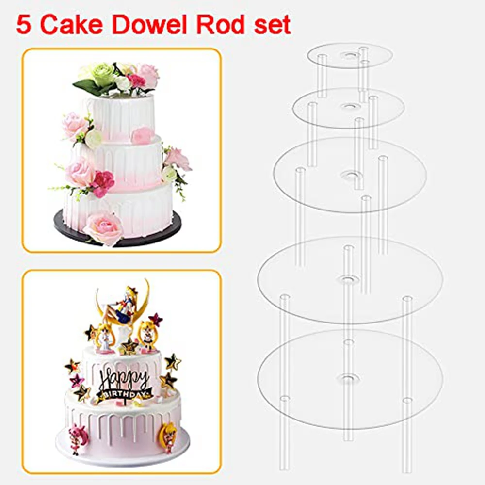 ABDR-Cake Plate,5 Cake Stand, Cake Base (9/12/16/20/20 cm) with 15 Dowel Rods, Reusable for Tiered Stacked Cakes, for Wedding