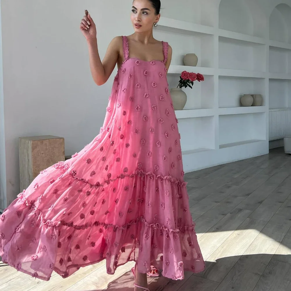 

Pink Flower Maxi Dress Women Elegant Casual Loose Long Holiday Dresses Summer Solid Sleeveless Bohemia Party Dress 2024 Fashion