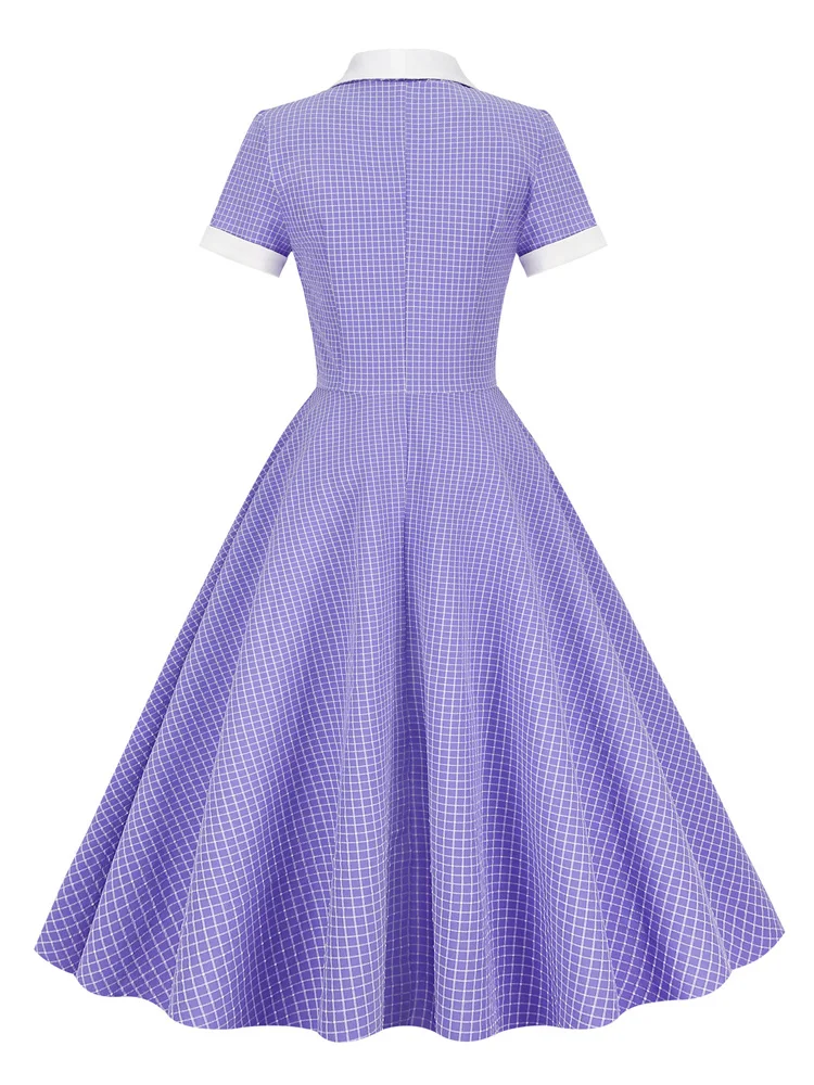 Tonval Shawl Collar Button Up Vintage Robe Plaid Long Dress Evening Elegant for Women Short Sleeve Pockets A-Line Dresses