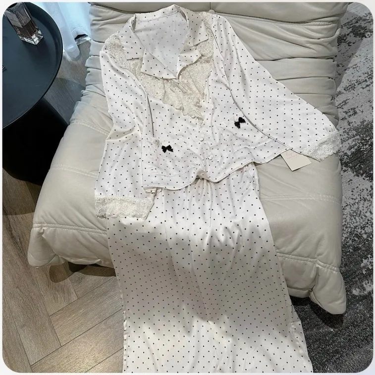 

Новые роскошные пижамы из сладкого ледяного шелка во французском стиле ретро, женские атласные тонкие домашние комплекты одежды в горошек, женская ночная рубашка