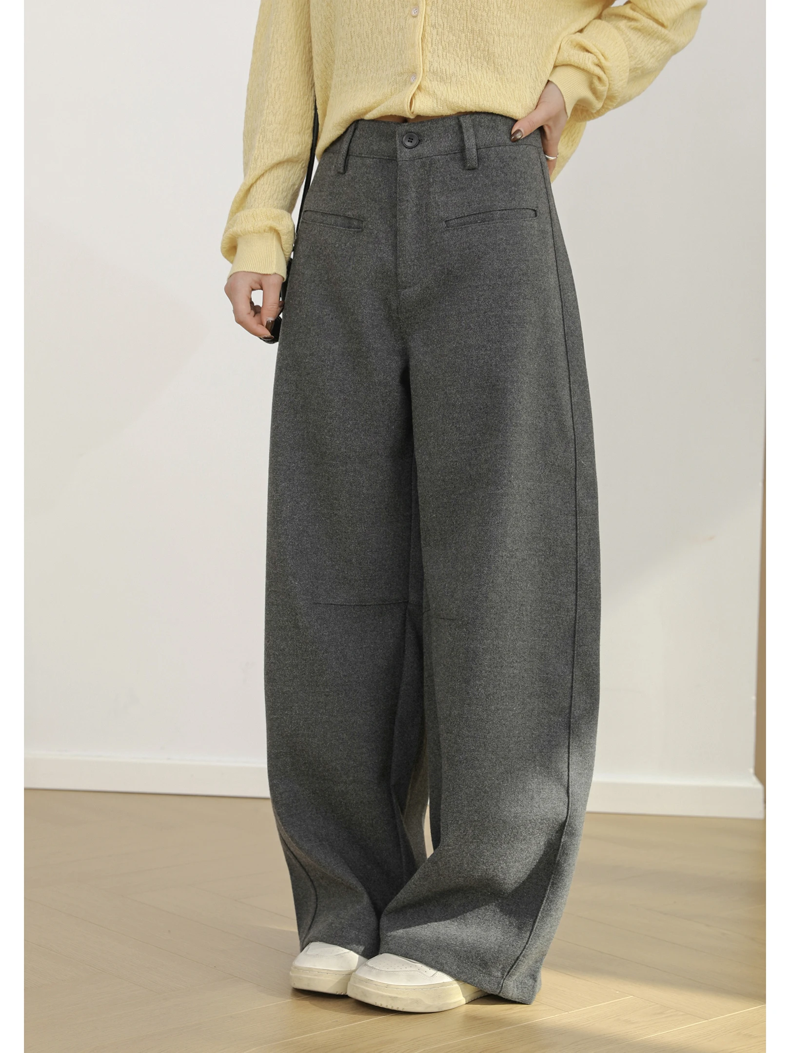 

Three-wood Society Spring 2026 Casual Wide Leg Pants Draped Simple Versatile Slimming Knife-Shape High Waist Zipper Knitted L...