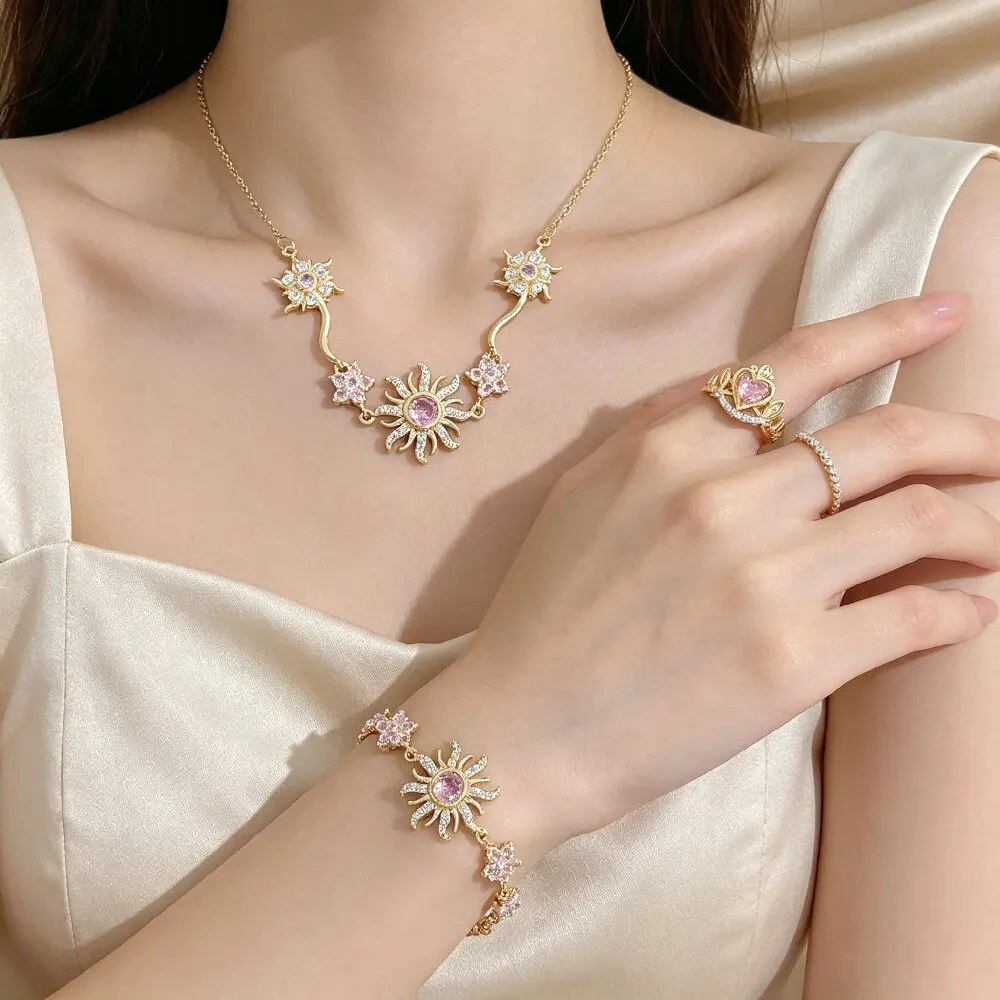 1 Set AENSOA Damen Schmuckset aus Kupfermaterial, Armband, Halskette und Ringe, zierliche Zirkon-Handkette, klassisches romantisches Schmuckgeschenk – Detail 5