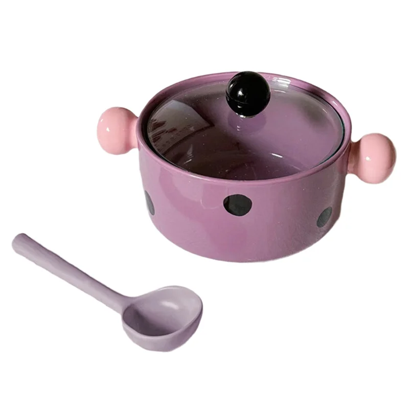 

A01F-Cute Polka Dot Instant Noodles Bowl With Lid For Student Dormitory Double Handle Soup Bowl
