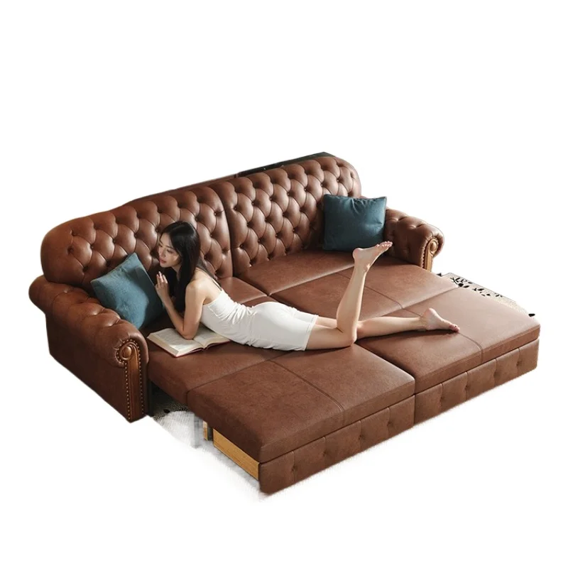 Beautiful vintage leather sofa bed dual-purpose foldable living room study American retro nostalgic sofa