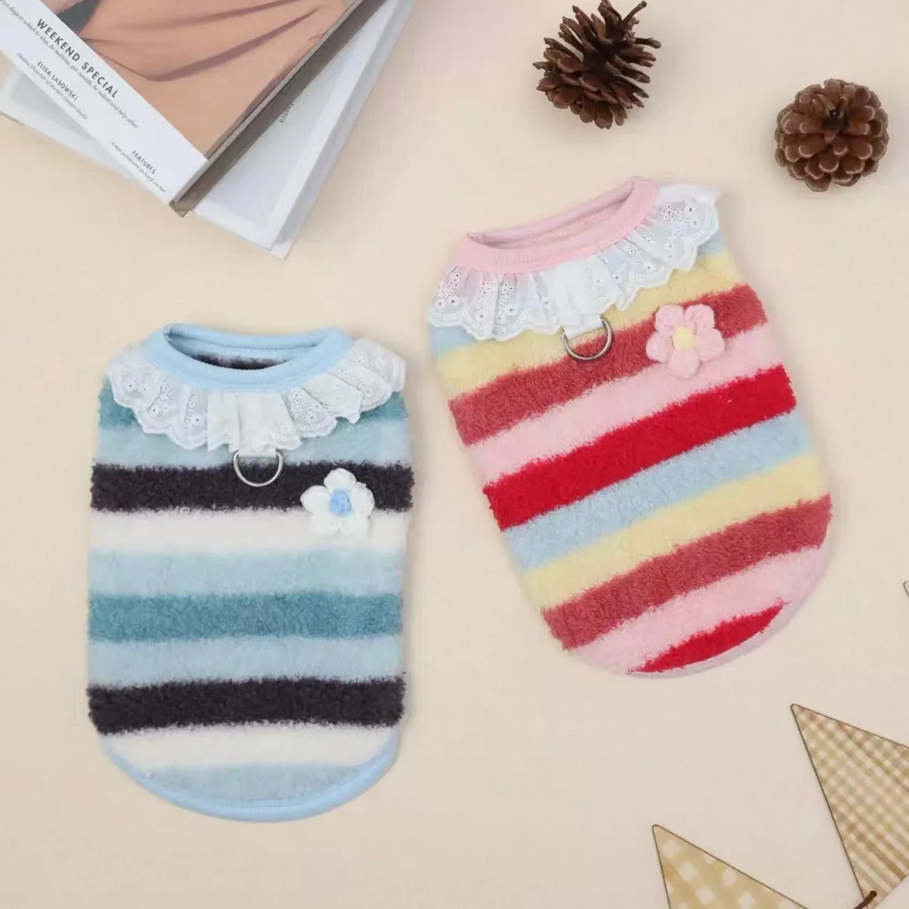 Pet Winter Wear Adorable Striped Dog Clothes Teddy Sweet Sweatshirt Bichon Frise Lace Pullover with Traction Buckle