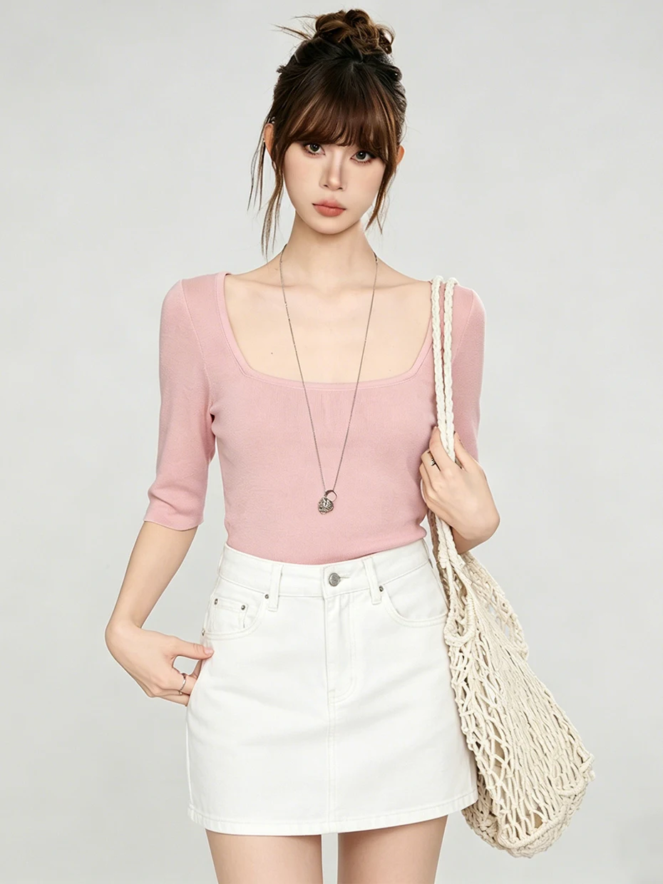 Slim Fit U-Neck Knitwear Women's Mid-Sleeve Summer New Style Fashionable Five-Quarter Sleeve -T-Shirt Top High Waist Design