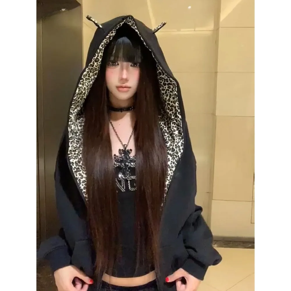 

Y2k американская винтажная толстовка с длинным рукавом, повседневное женское пальто с леопардовым принтом на молнии, толстовка с субкультуры, осенняя куртка в уличном стиле