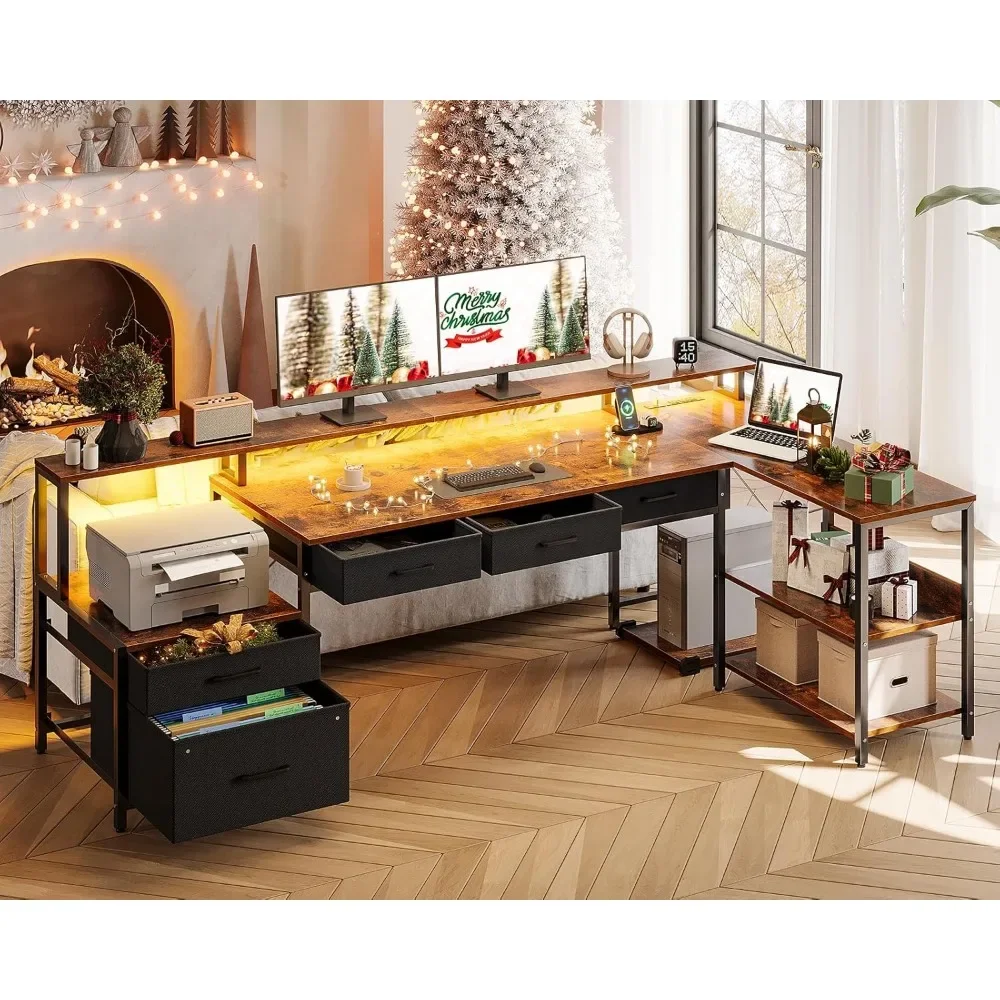 L Shaped Desk with 5 File Drawers, 75" Reversible L Shaped Computer Desk with Power Outlet & LED Strip, Office Desk