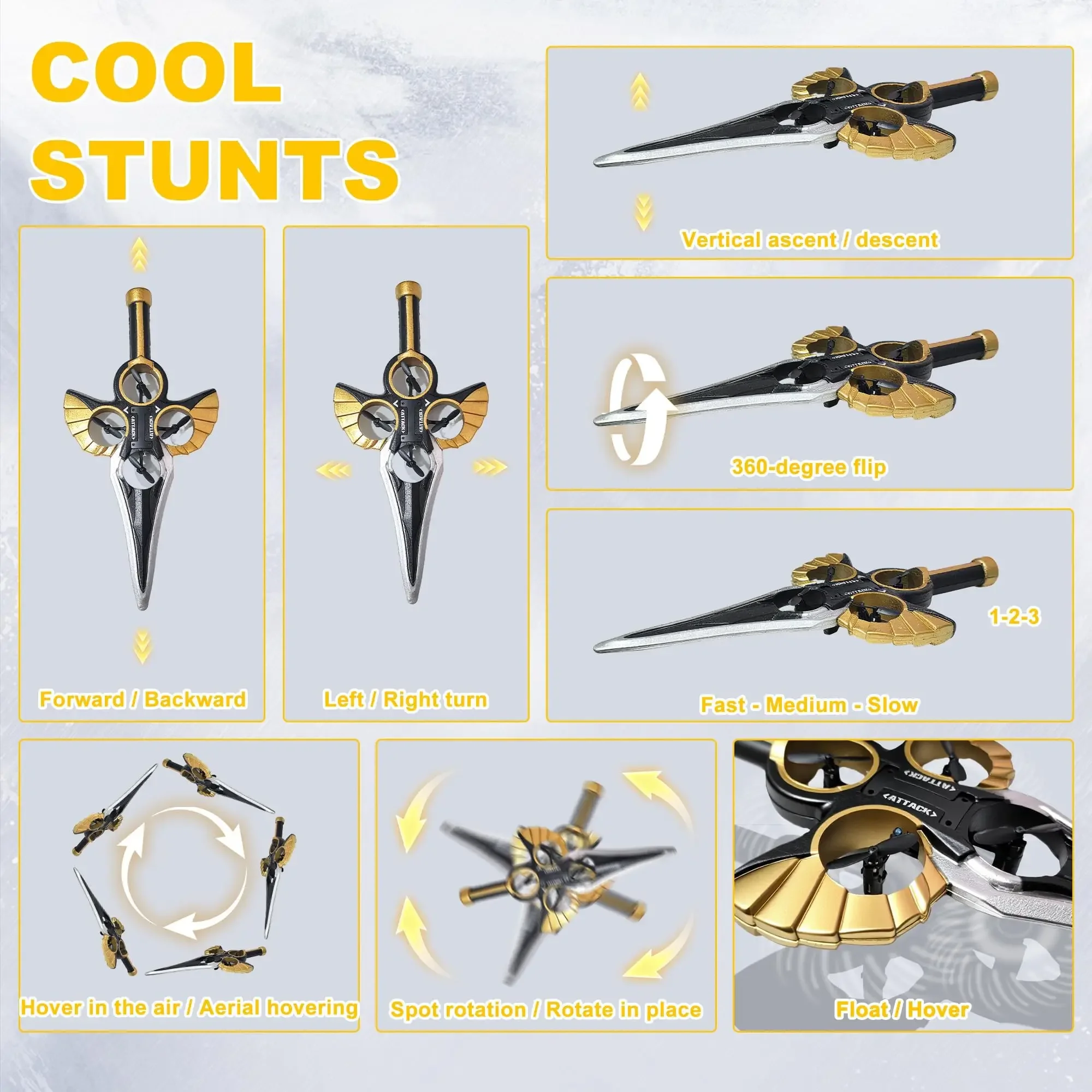 Drone aliante con spada volante RC acrobatica a 3 velocità - Funzionamento con onda manuale/controller con luci a LED per divertimento aereo (bambini a adulti)