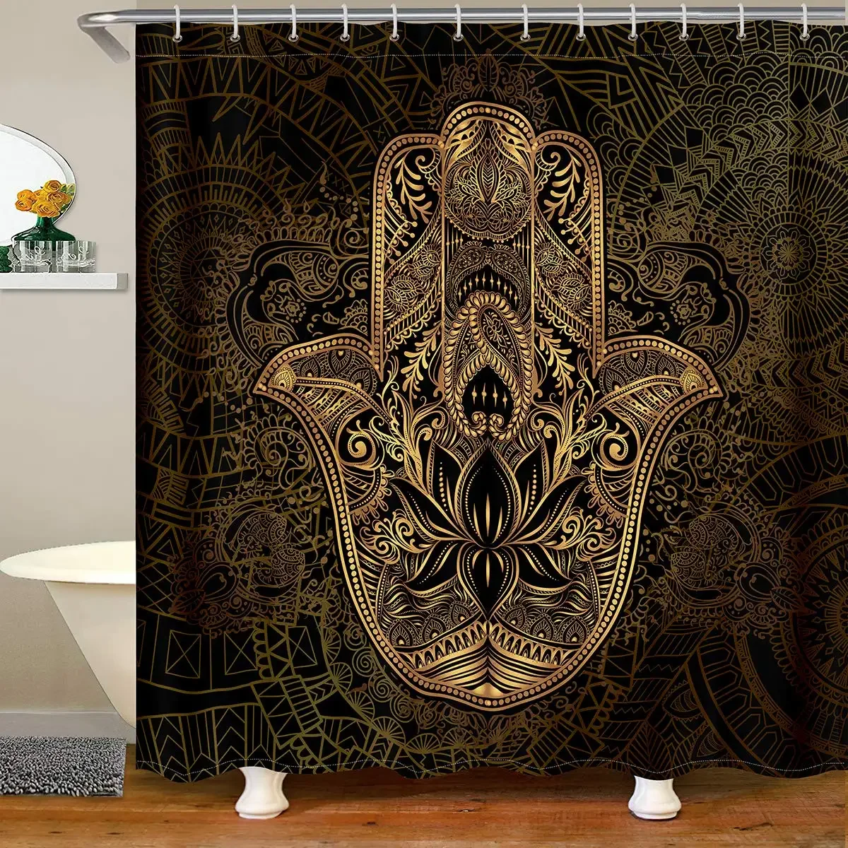 Gold Hamsa Hand Shower Curtain,Boho Chic Mandala Bath Curtain Bohemian Hippie Bathroom Decor Paisley Tribal Tie Dye Curtain