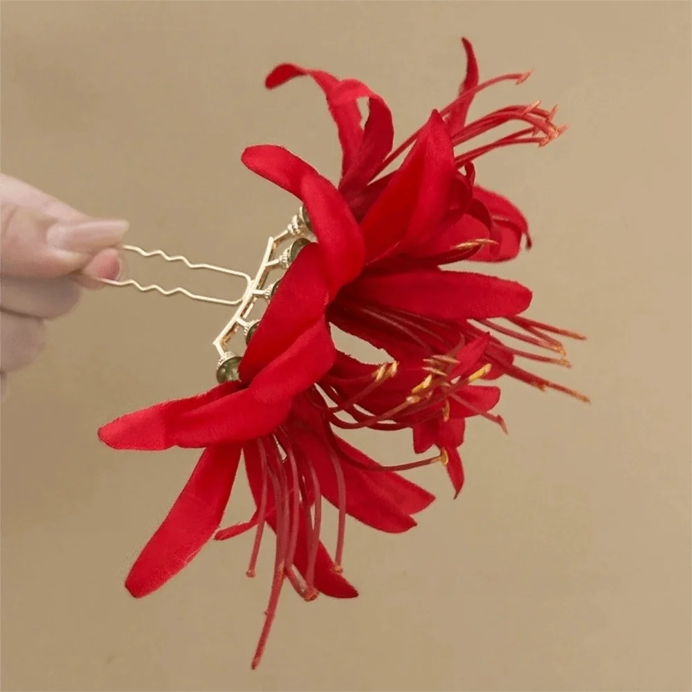 Simulation Red Spider Hair Stick Large Artificial Bohemian Fairy Hanfu Hair Accessory Bridesmaid Wedding Floral Hairpin