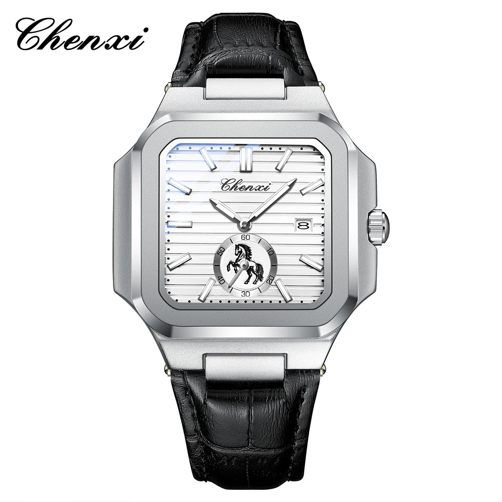 

Часы для деловых людей, квадратный циферблат, календарь, дисплей, кварцевые наручные часы, светящийся водонепроницаемый черный кожаный ремешок, мужские часы