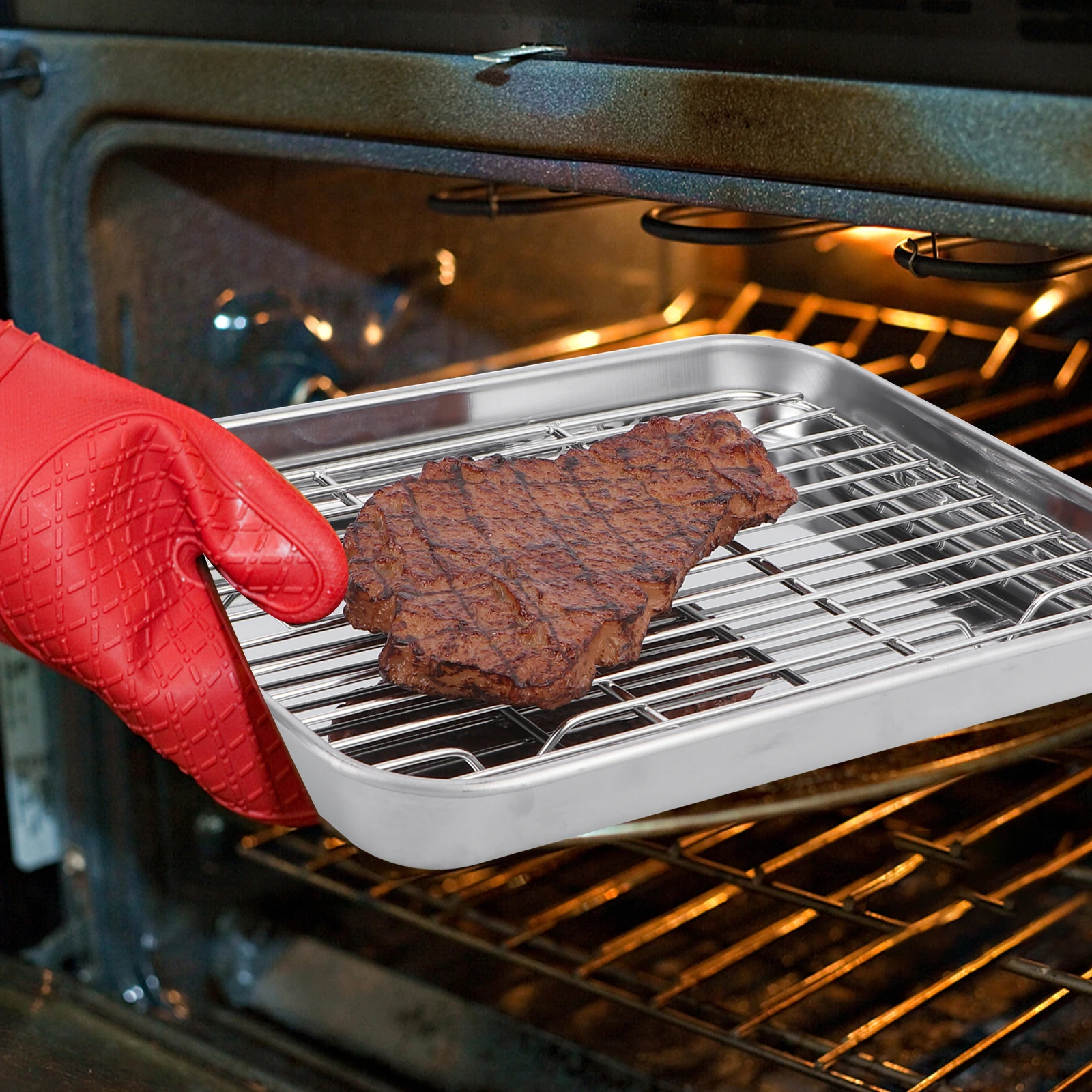 

2 Piece Baking Pan with Grid Rack 23x17x2.5 Cm Shiny Finish Dishwasher Safe Baking Sheet for Cooling Roasting Tray