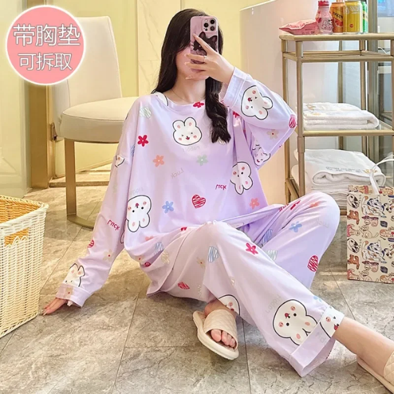 5XL Plus Size Ladies Pajamas Set with Chest Pad Korean Autumn Students Loose Loungewear Long Sleeve Tops and Trouser Home Wear