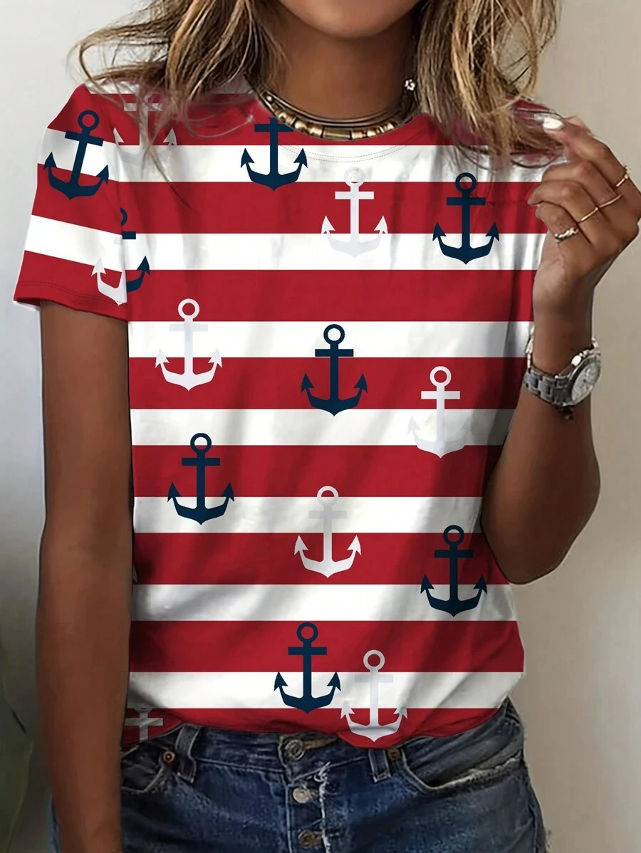 Damen Gestreiftes Ankerdruck Rundhals Lässiges Kurzarm-T-Shirt Sport Basic T-Shirt Herren T-Shirt Sommeroberteile