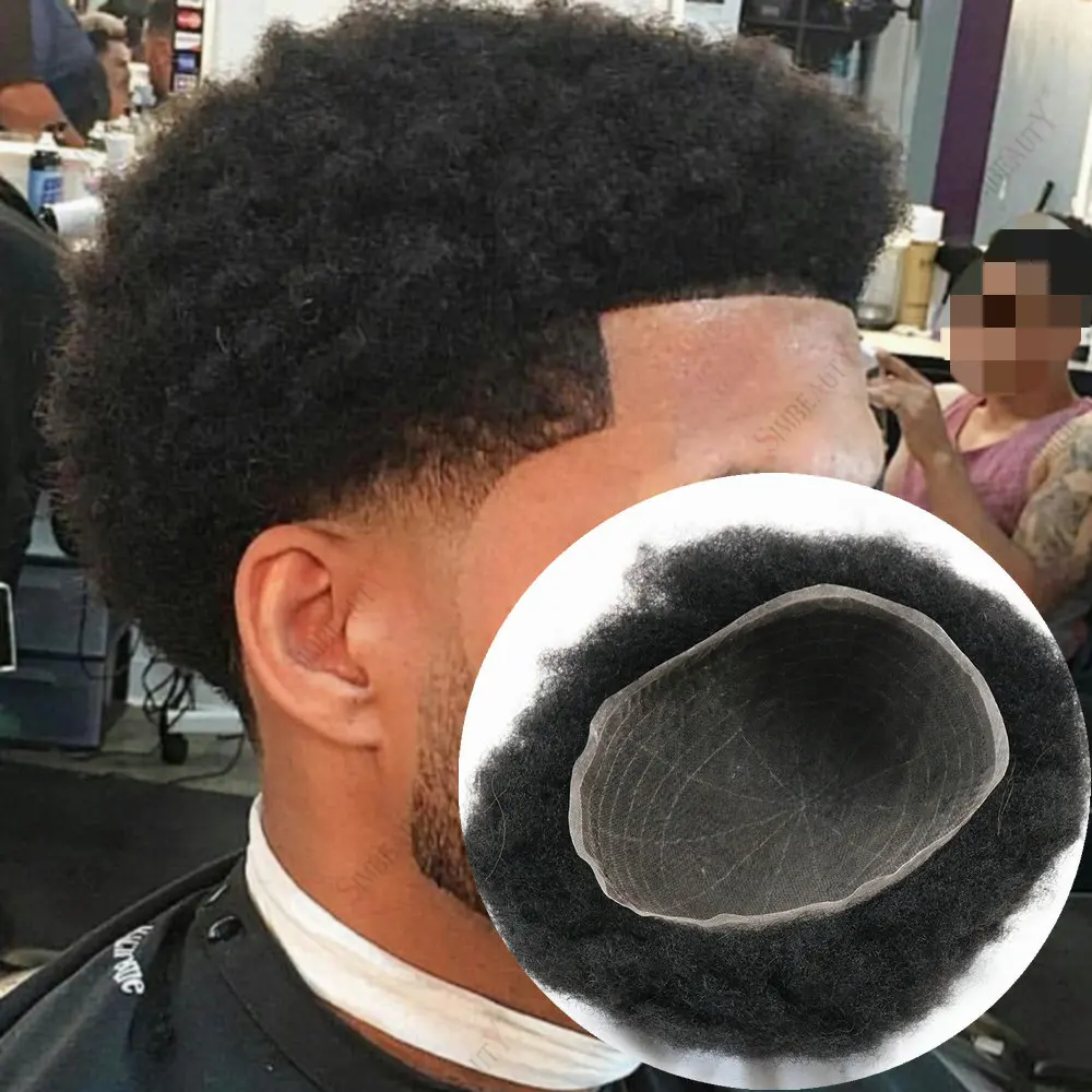 4 مللي متر الأفرو شعر بشري مجعد الشعر المستعار الأفرو نمط الرجال آدمي كامل الدانتيل/الدانتيل وقاعدة بولي PU نظام استبدال الشعر الذكور الاصطناعية