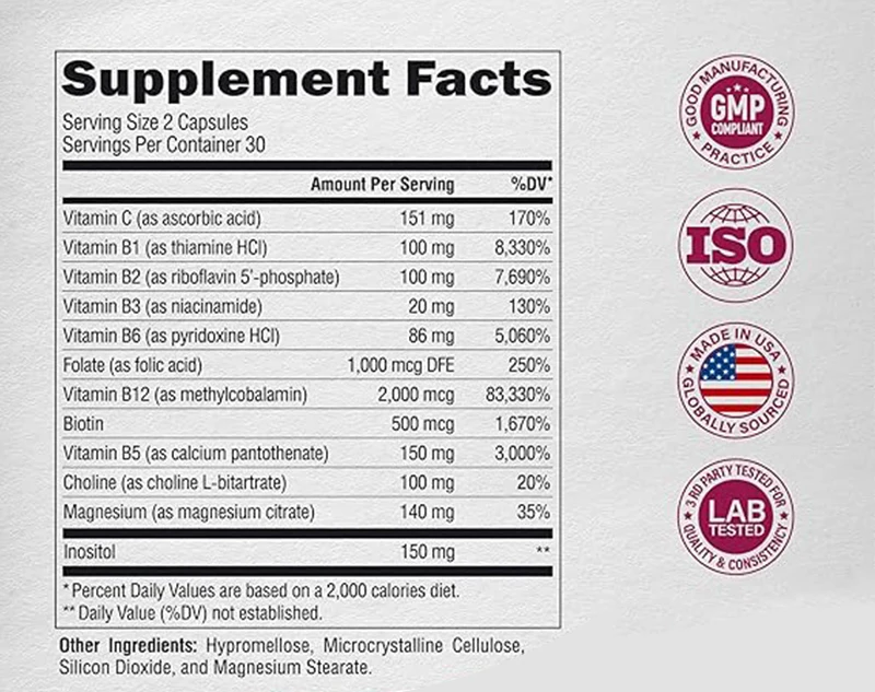 Vitamin B pria dan wanita kompleks-11 in 1 B kompleks mengandung Vitamin C, Choline, Inositol-60 elemen, Vegetarian kapsul