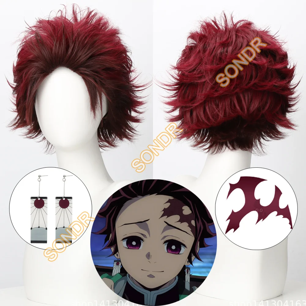 Anime Tanjirou Cosplay Wig Dark Red Short Hair Tanjirou Tattoo Sticker Earrings Men Halloween Carnival Party Role Play Props