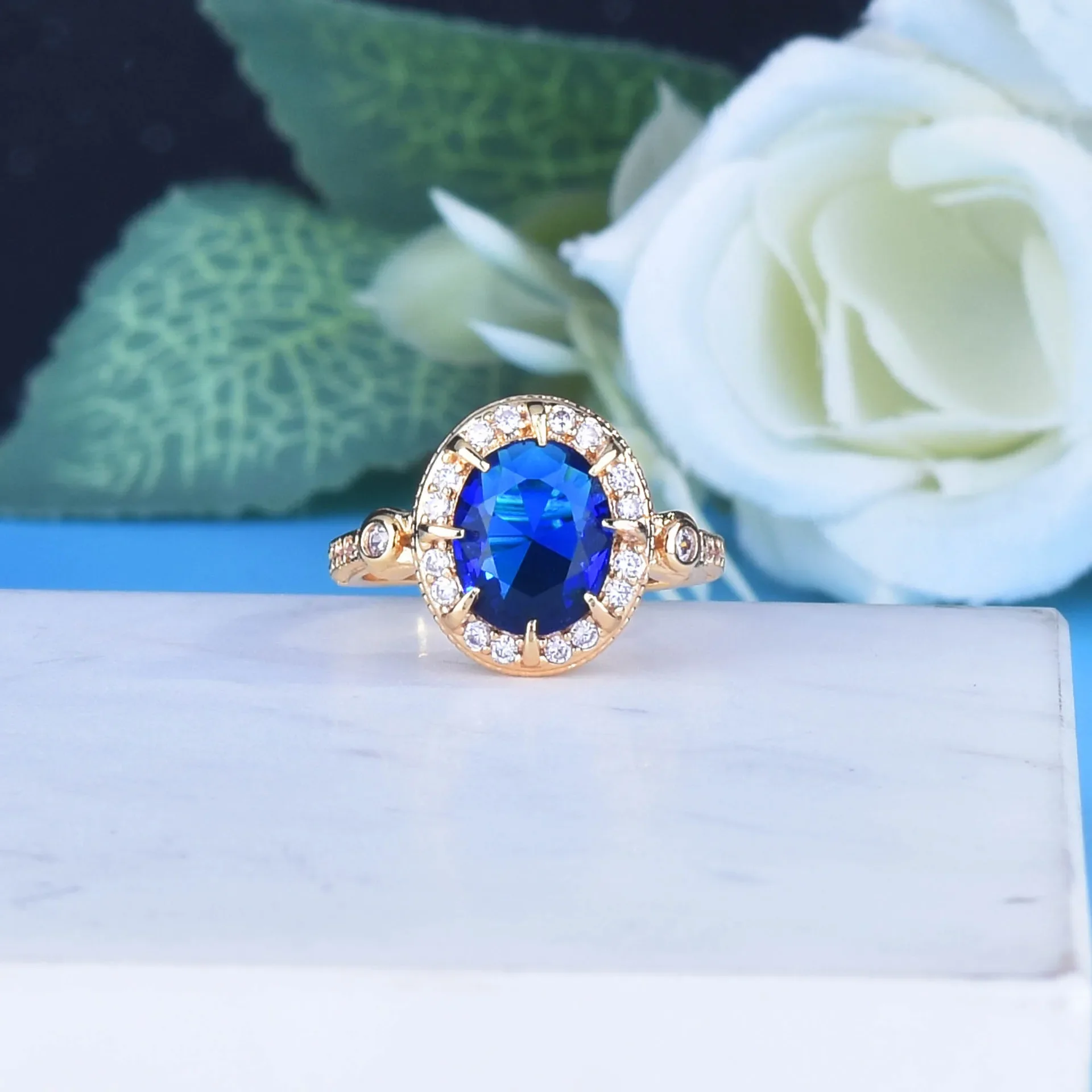 Luxury Brand 18K Gold Wedding Ring for Women 2 Carats AAA+ Blue Sapphire Ring Fashion Jewelry Origin Silver 925 Jewelry Anel Box