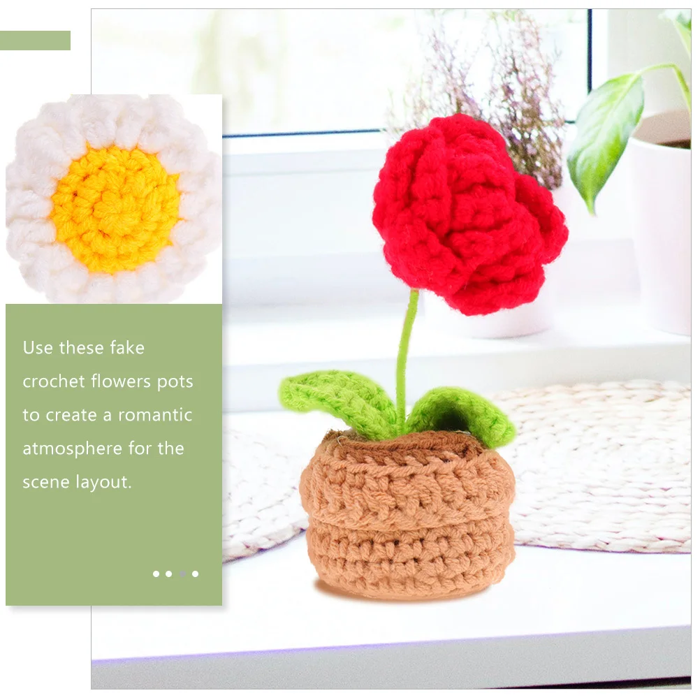 

2Pcs Mini Crochet Flower Potted Plants Decorative Ornaments for Home Office Desktop Rustic Vintage Style Natural Look