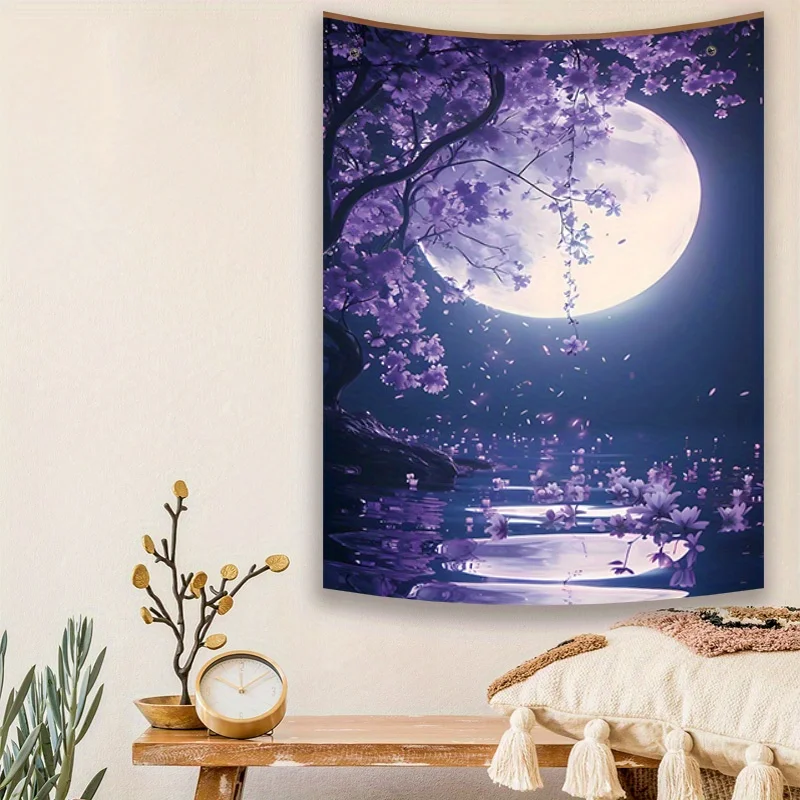 1pc Aesthetic Moon and River Tapestry with Purple Flowers - Animal Print Wall Hanging, Includes Free Hanging Accessories
