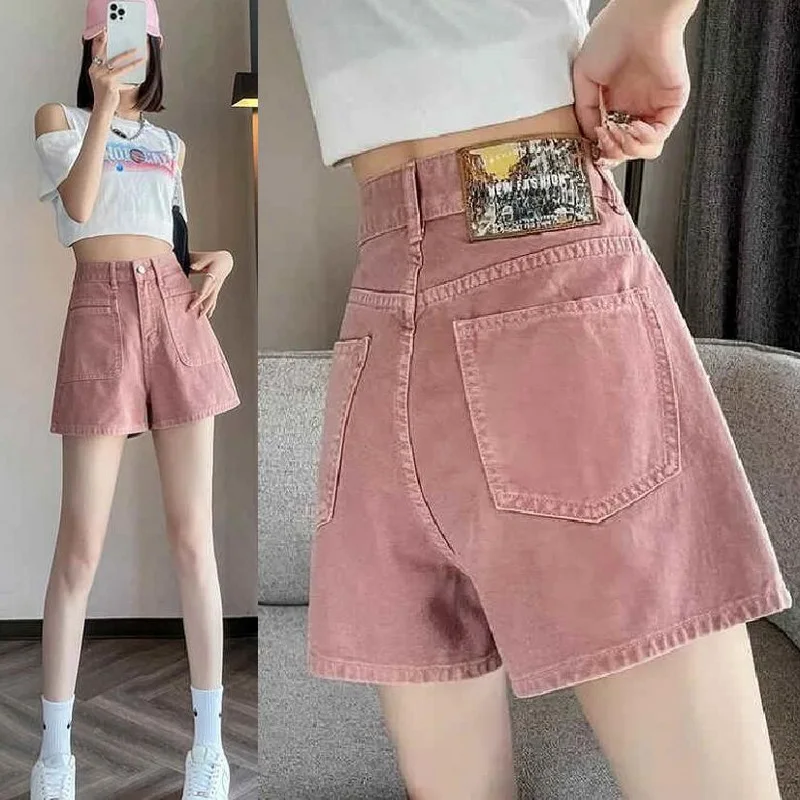 

Pink Denim Shorts Women's Summer Wide Leg Pants High Waisted A-line Loose Hot Pants