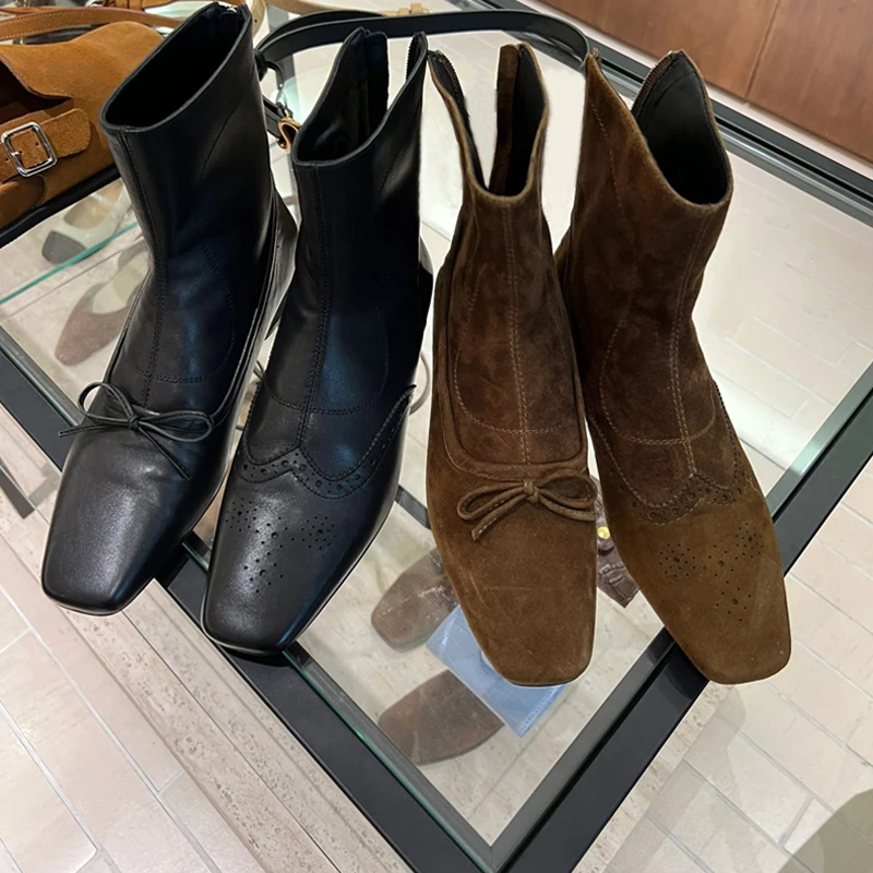 

New Autumn Winter Bow Asymmetrical Boots Retro Versatile Genuine Leather Chelsea Boots Square Toe Flat Bottom Skinny Short Boots