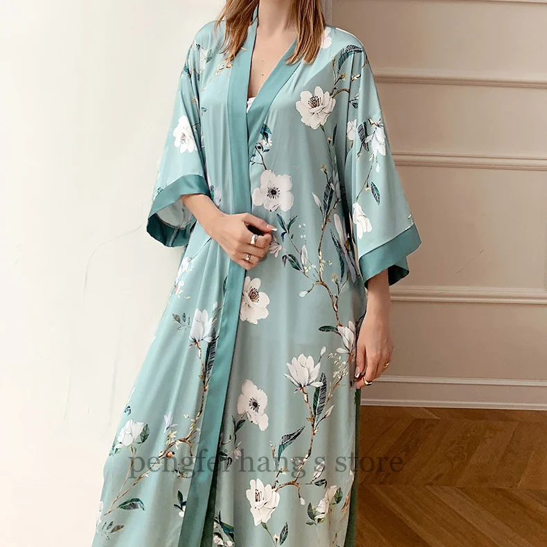 Blue Crane Robe Lady Leisure Kimono Bathrobe Gown Satin Sleepwear Nightwear Print Intimate Lingerie Nightgown Women Loungewear