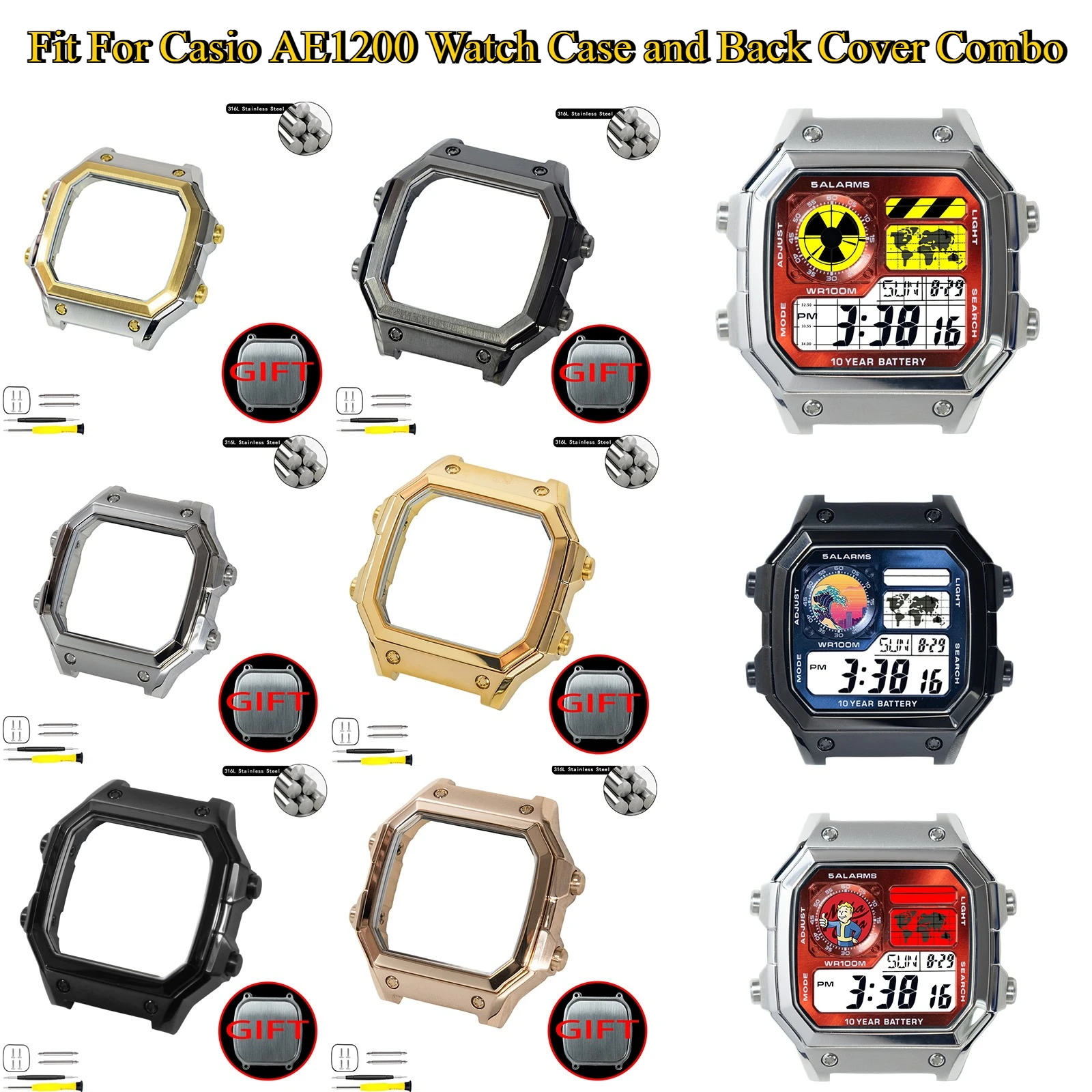 Royale Mod Uhrengehäuse V1 Rückabdeckung Combo Passend für Casio AE1200 AE1300 WS1600 316L Edelstahl Upgrade Uhrengehäuse