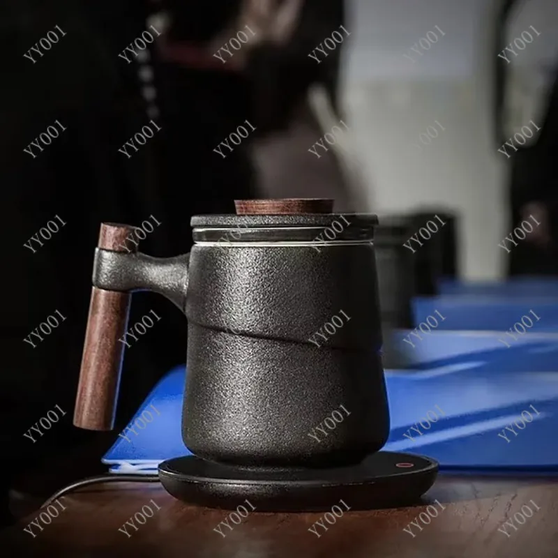

Black Ceramic Tea Cup With Wooden Handle Filter Retro Office Water Mug Creative Drinkware