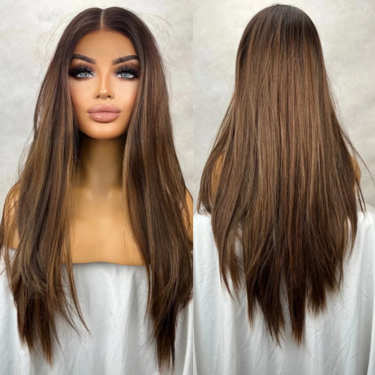 

Длинные прямые женские парики Темно-каштаново-коричневый синтетический парик спереди для женщин Предварительно выщипанные дешевые парики для повседневной вечеринки для косплея