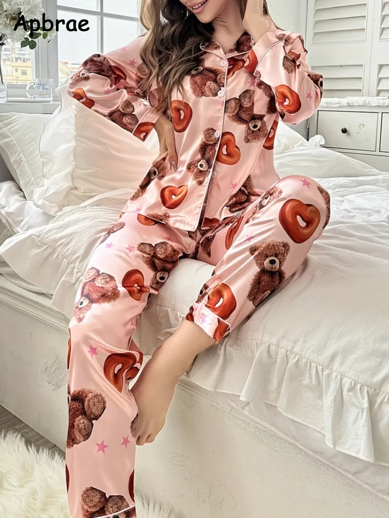 Spring Autumn New Pajamas for Women Heart Print Pajama Sets Pink Woman Pijamas Satin Silk Long Sleeves Long Pants Sleepwear