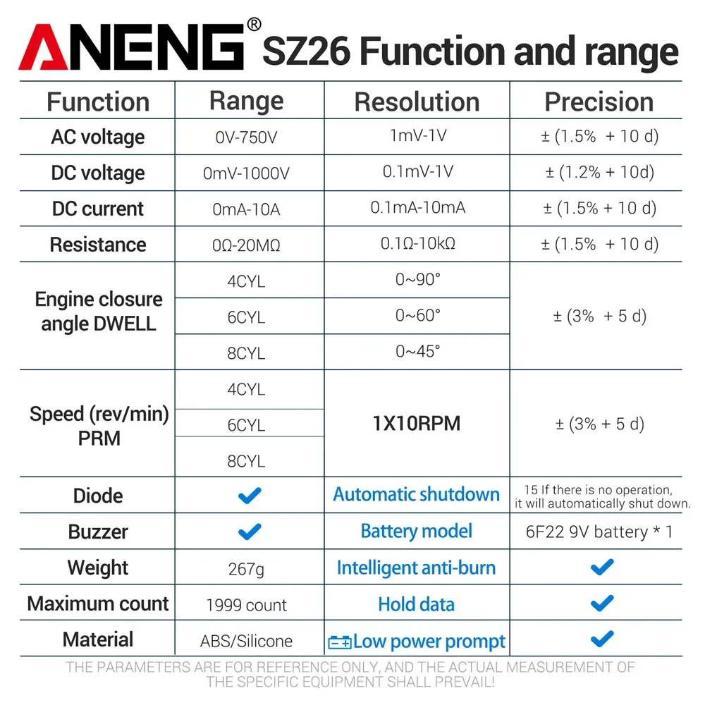 ANENG SZ26 Smart Multimeter AC/DC Voltage DC Current High Precision Car Overhaul Multimetro Diode Resistance Tester 1999 Count