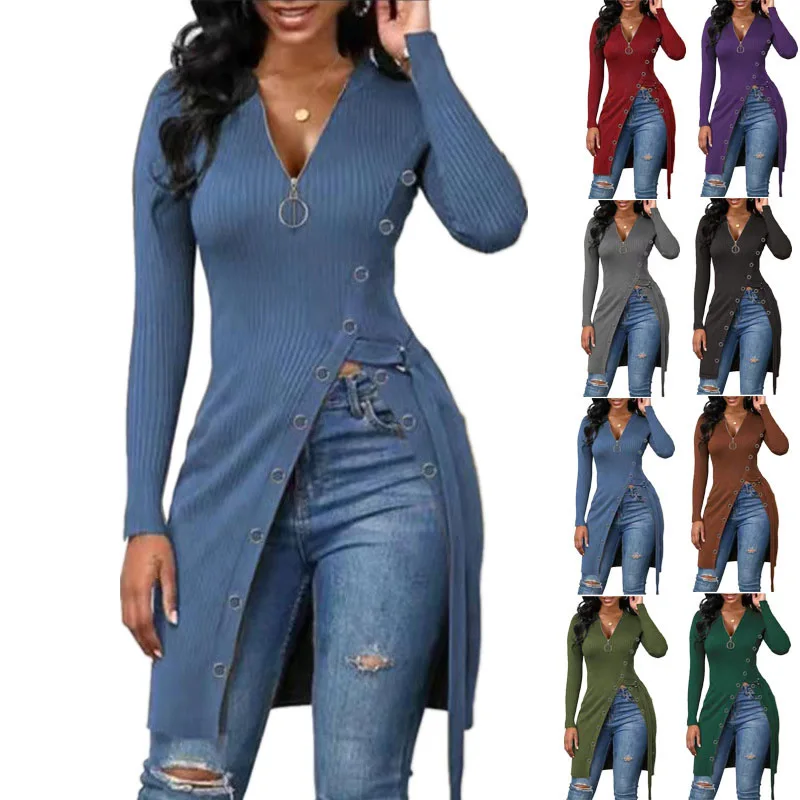 

Y2K autumn and winter new women's V-neck long-sleeved high-split thread zipper T-shirt casual elegant jumper top