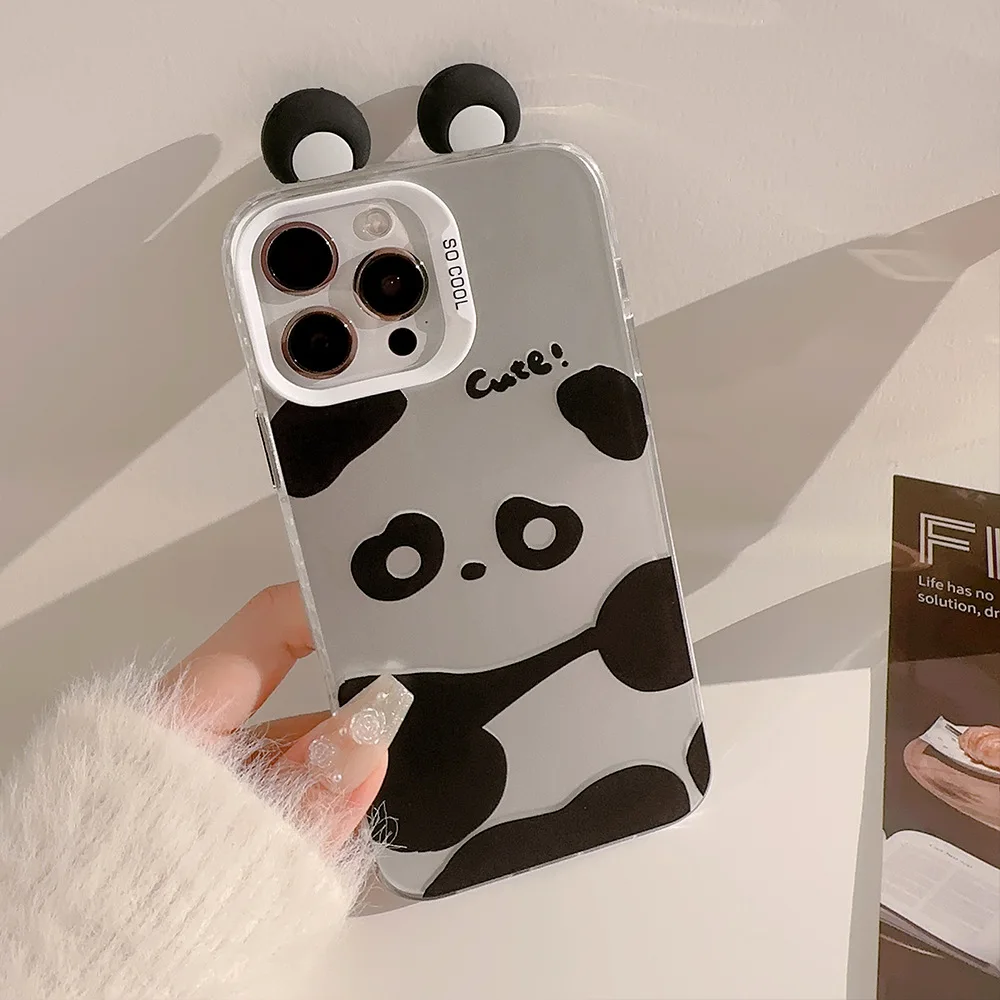 Cute panda relif 3D ear cover for iphone 15 pro max 14 plus 11 12 13 promax cool matte laser phone case conque