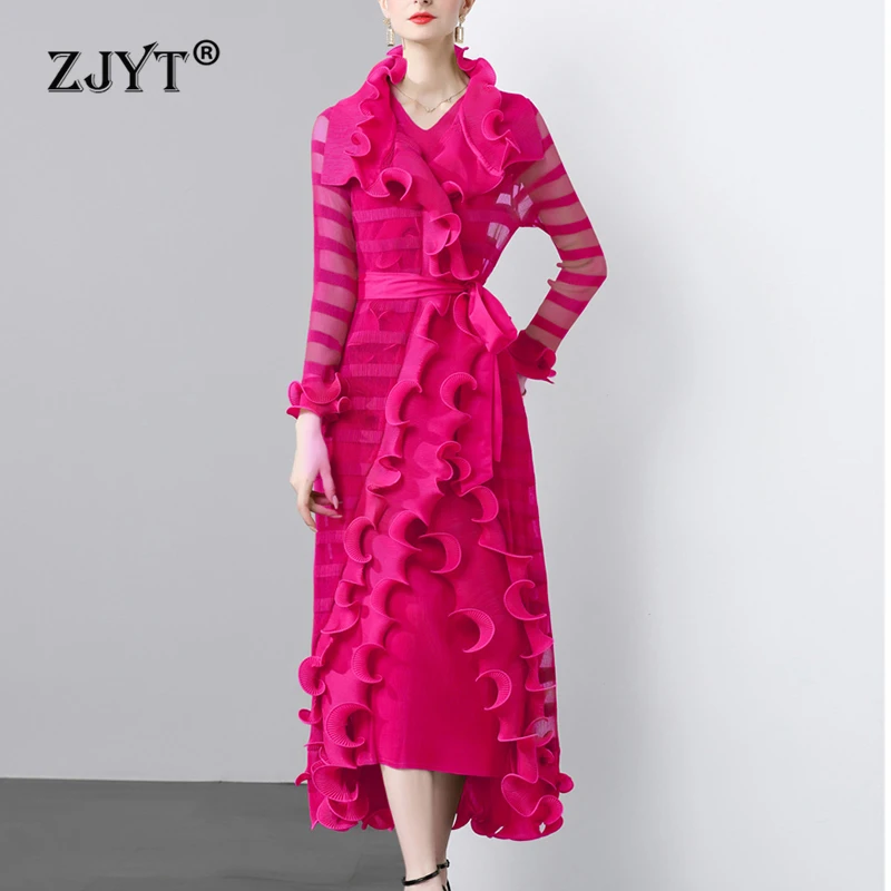 

ZJYT Elegant Luxury Ruffles Long Pleated Dress 2 Piece Set Women Autumn 2024 Female Clothes Flare Sleeve Evening Party Dress