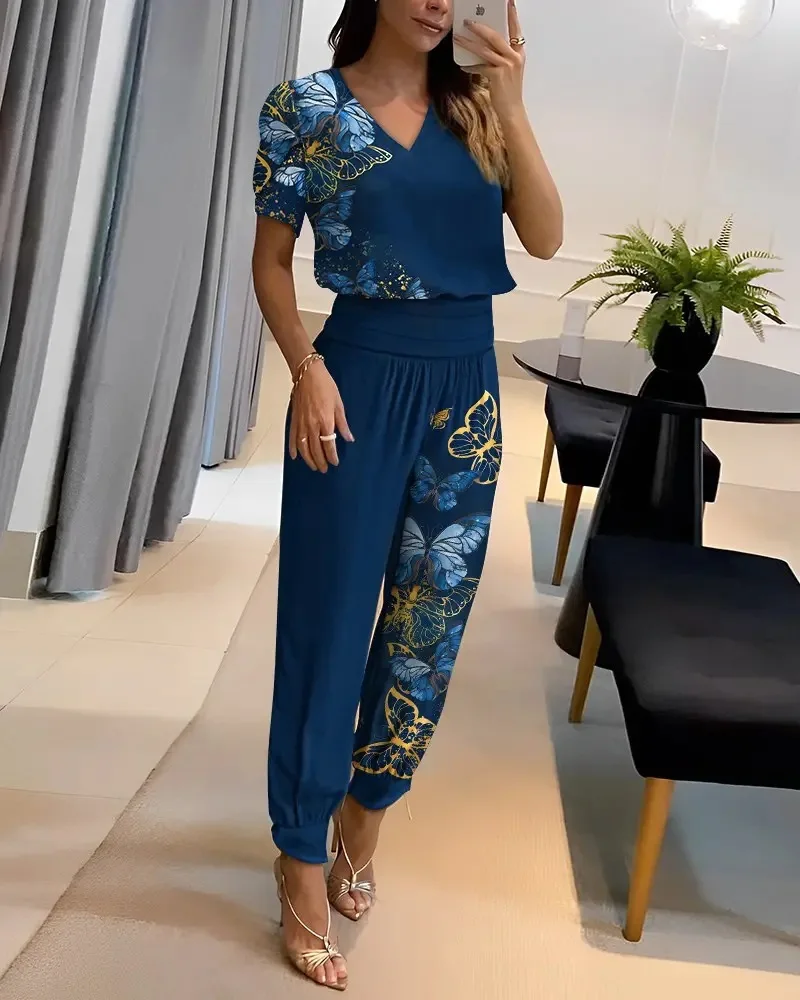 Fashion Short Sleeve Tshirt Pants Set Office Lady Casual Loose V Neck Floral Print Trousers Two Piece Set Women Outfit 2023