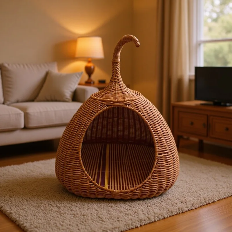 

CZ washable woven four-season universal semi-closed pet nest breathable rattan cat nest