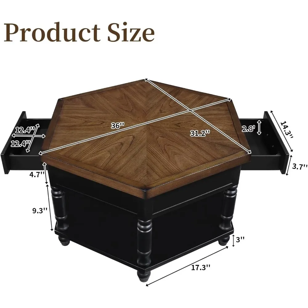 36" 2 Tier Hexagon Wood Coffee Table with Storage Shelf & Drawer Solid Wood Feet Mid-Century Vintage Center Coffee Table
