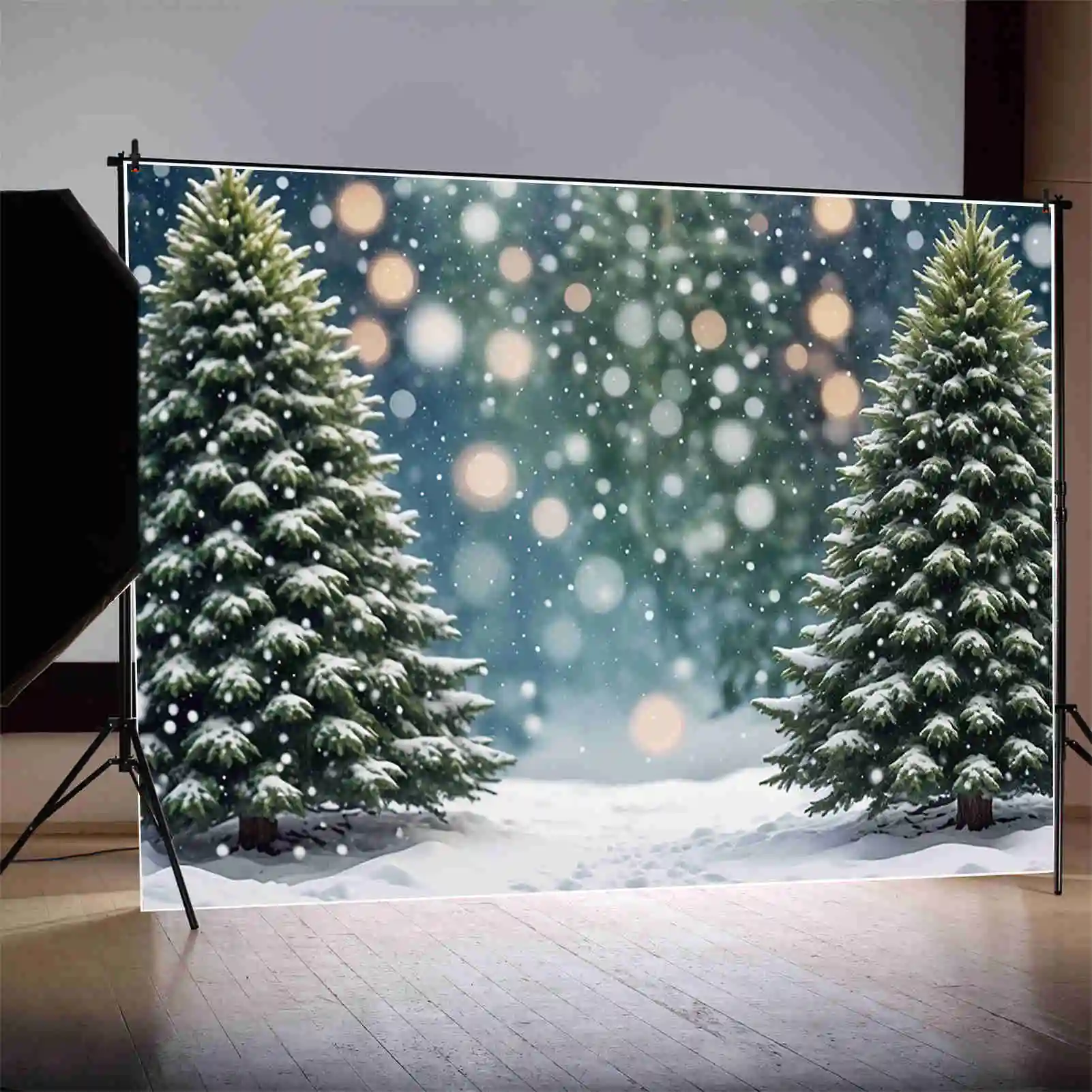 MOON.QG Christmas Outdoor Backdrops Children Field Winter Snow Pine Trees Backgrounds Custom Party Decoration Photo Shoot Props