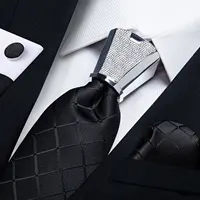 DiBanGu-corbatas de seda elegantes para hombres, corbata de diseñador, hebilla de pañuelo, gemelos, accesorio de boda, color negro sólido, negocios