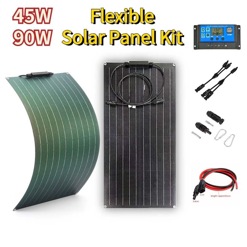 90W 45W Solar Panel Kit 18V Flexible Solar Cell Power Charger for Outdoor Camping Yacht Motorhome Car RV Boat