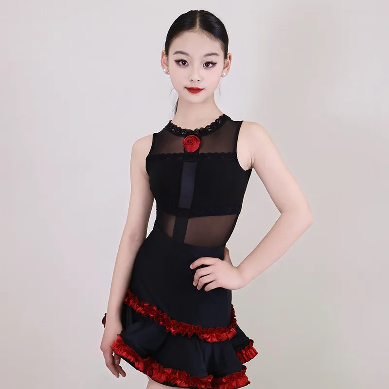 

New Children Latin Dance Dress Sleeveless Top Skirt Suit Chacha Samba Practice Clothes Performance Costumes Stage Wear DQL12549