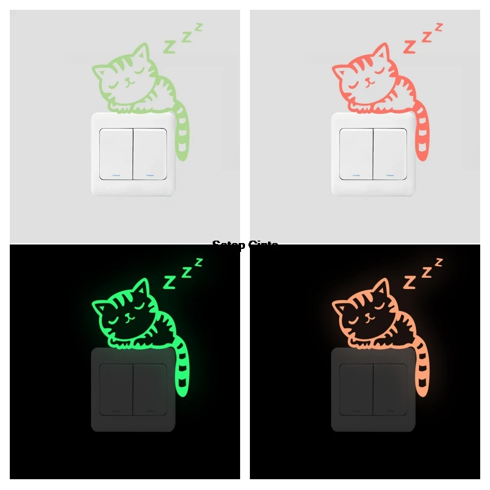 1Pcs Cartoon Cat Luminous Switch Stickers Green Blue Pink Glow In Dark Animal Wall Decals Self-Adhesive For Kids Bedroom Nursery