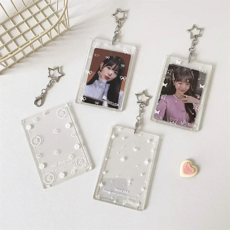 3 Inch Cute Transparent Kpop Photocard Holder Butterfly Bow Star Bus ID Card Cover Case Key Ring Portable Schoolbag Pendant