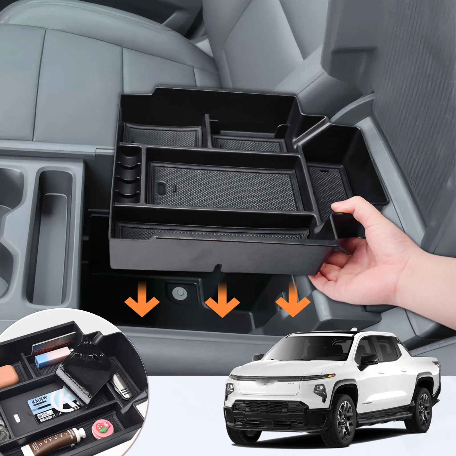 

For 2024-2025 Chevy Silverado EV Work Truck (WT)/RST Center Console Organizer Tray Armrest Box Storage Interior Car Accessories