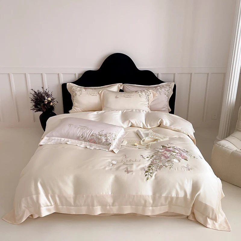 Butterfly Flowers Embroidery Bedding Set 800TC Lyocell Eucalyptus Fiber Soft Silky Breathable Duvet Cover Bed Sheet Pillowcases