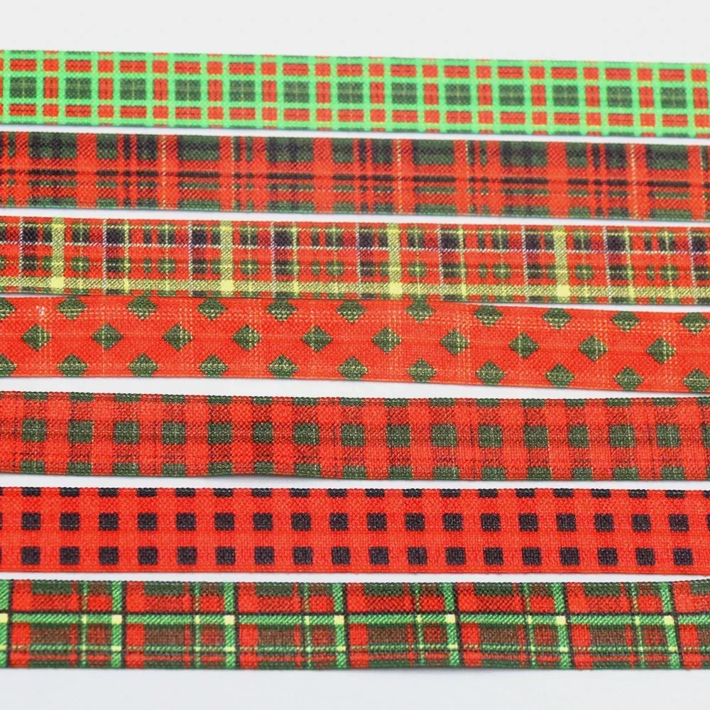 DHK 5/8'' 5yards Christmas Plaid Grid Checked Printed Fold Elastic FOE Stretch Ribbon Accessories Craft DIY Sewing E2158